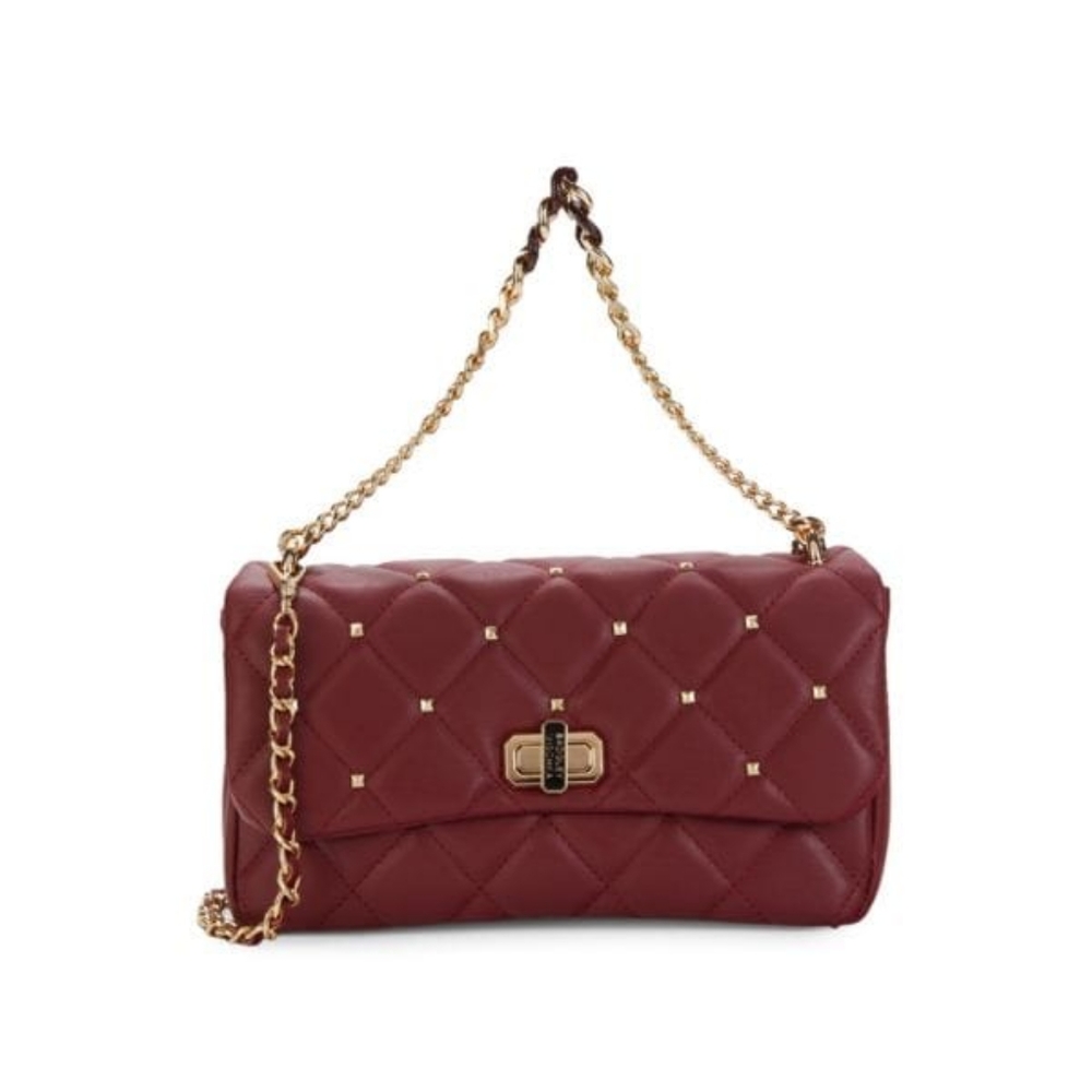 BADGLEY MISCHKA Medium Studded Quilted Shoulder Bag in Wine